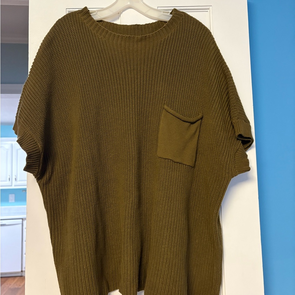 She & Sky Short Sleeve Cotton Sweater 2XL Olive Green